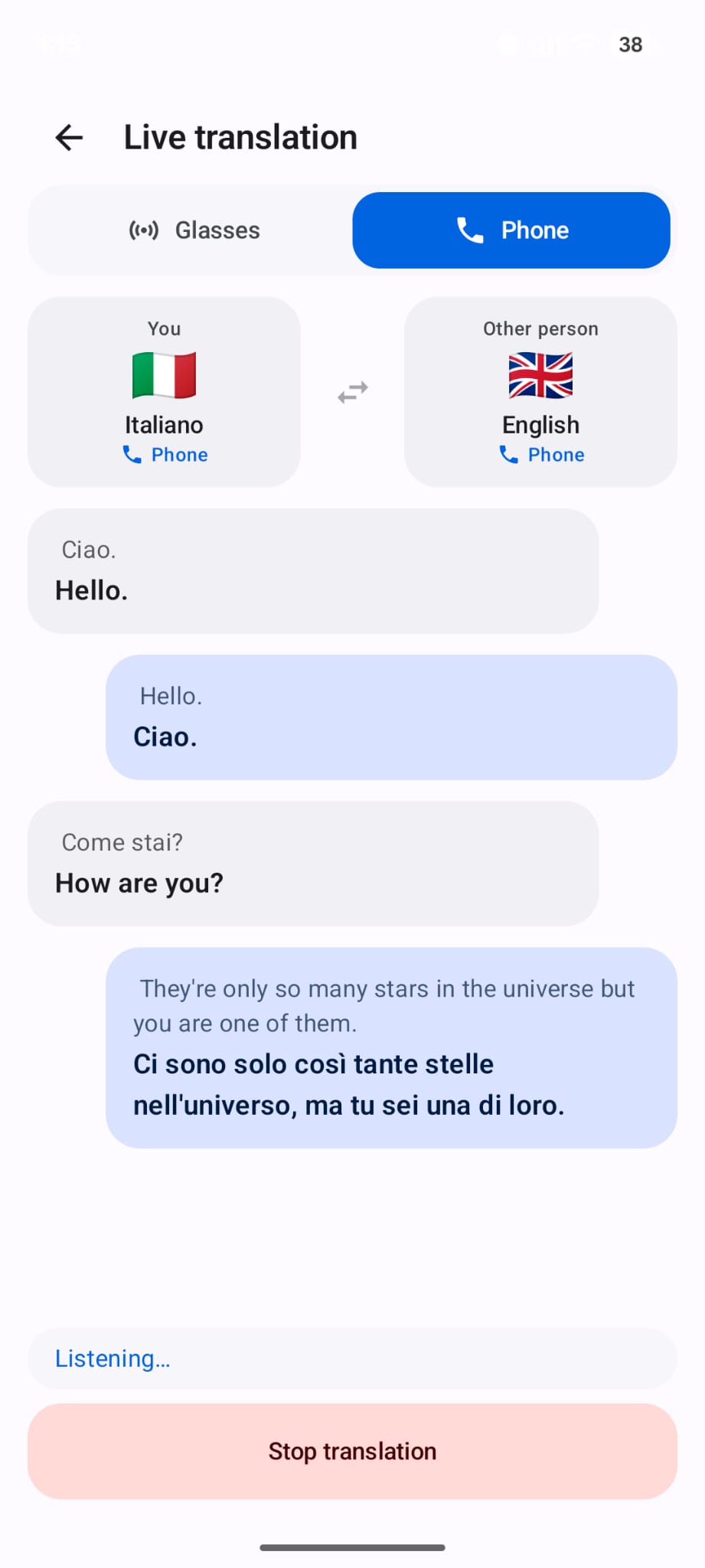 Babele live translation screen, Italian to English, with bilingual chat bubbles